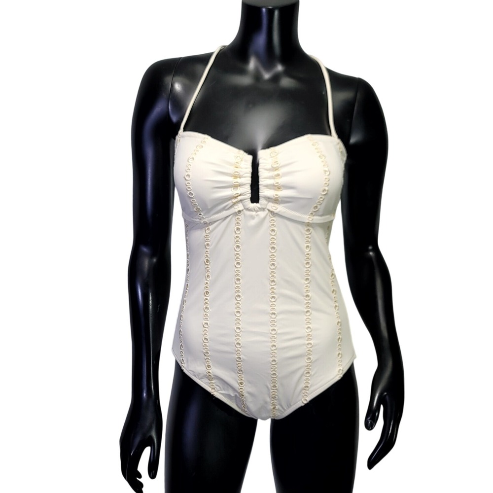 Victoria's Secret Cream‎ White Eyelet One Piece Swimsuit Halter Gold Clasp Logo